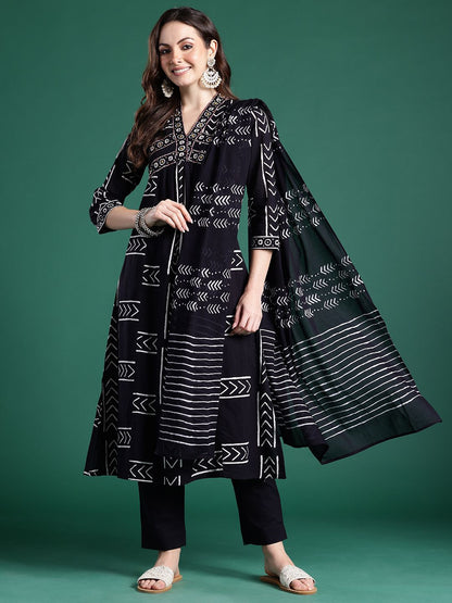 Geometric Printed Empire Thread Work Pure Cotton Kurta with Trousers & Dupatta