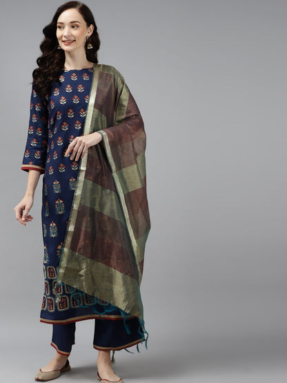 Women Blue Floral Printed Regular Kurta with Palazzos & With Dupatta