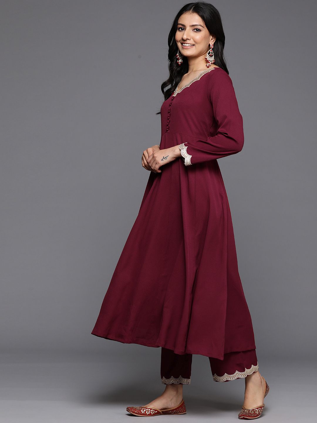 Dhiyona VA Women'sEmbroidered Sequinned Crepe Anarkali Kurta With Trousers & Dupatta
