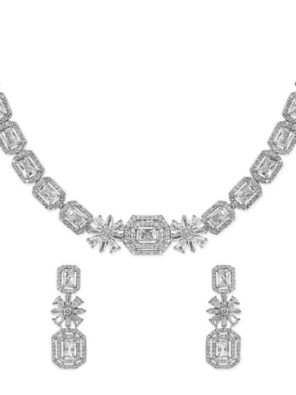 Dhiyona RJ Women's Rhodium Plated White Cubic Zirconia Stone Studded Floral Classic Jewellery Set