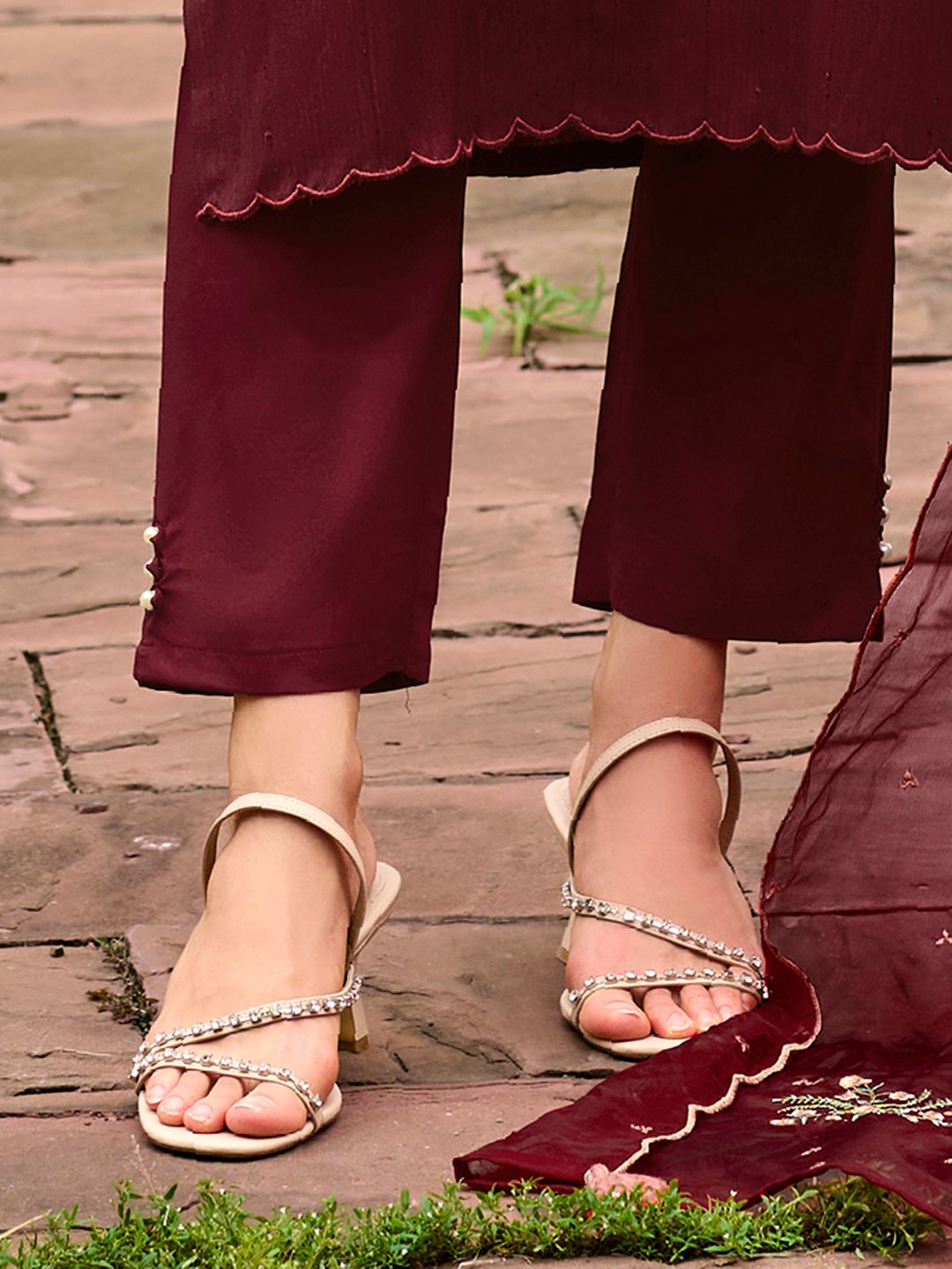 Maroon Floral Embroidered Thread Work Kurta with Trousers & Dupatta