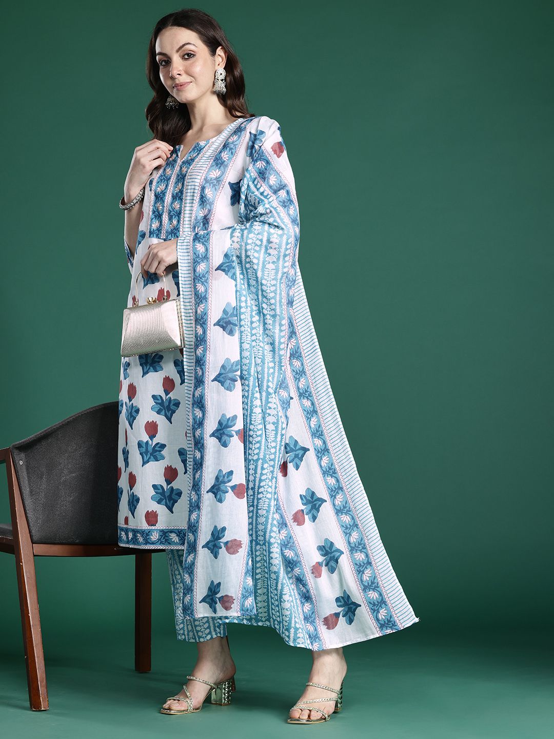 Dhiyona IE Floral Printed Beads and Stones Pure Cotton Kurta with Trousers & With Dupatta