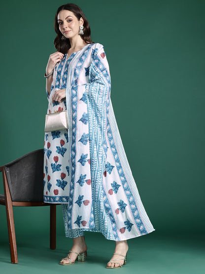 Floral Printed Beads and Stones Pure Cotton Kurta with Trousers & With Dupatta