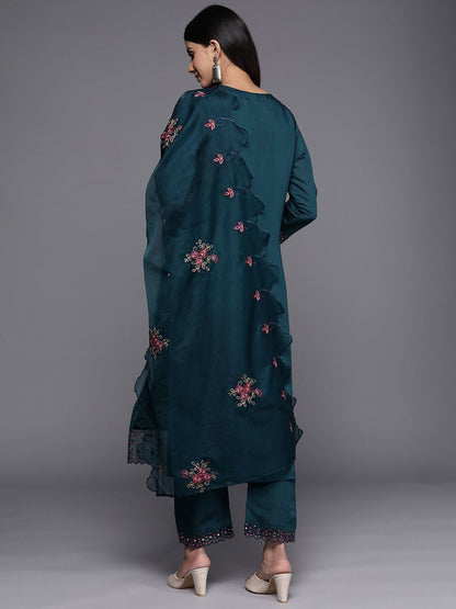 Dhiyona VA Women'sTeal Floral Embroidered Kurta with Trouser & Dupatta