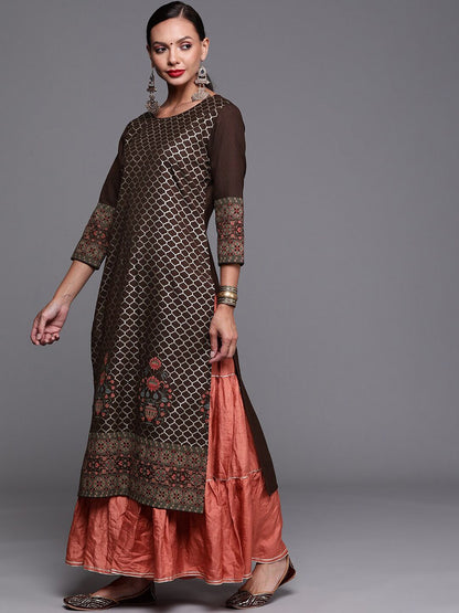 Dhiyona IE Women Ethnic Motifs Foil Printed Straight Cotton Kurtas
