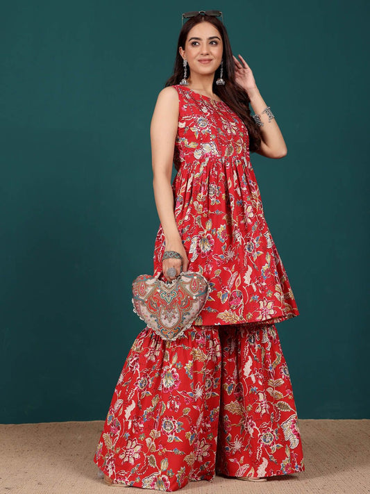 Dhiyona VA Women's Floral Embroidered Regular Thread Work Pure Cotton Kurti with Sharara
