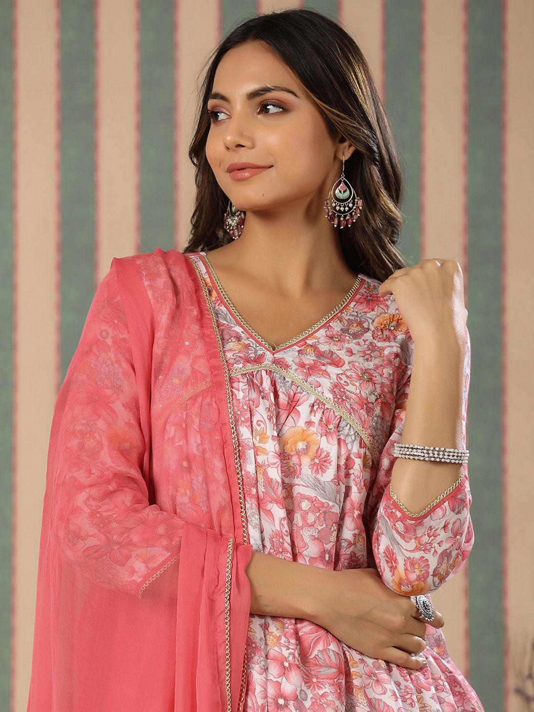 Dhiyona IS Women's Floral Printed V-Neck Gotta Patti Pure Cotton Kurta with Sharara & With Dupatta