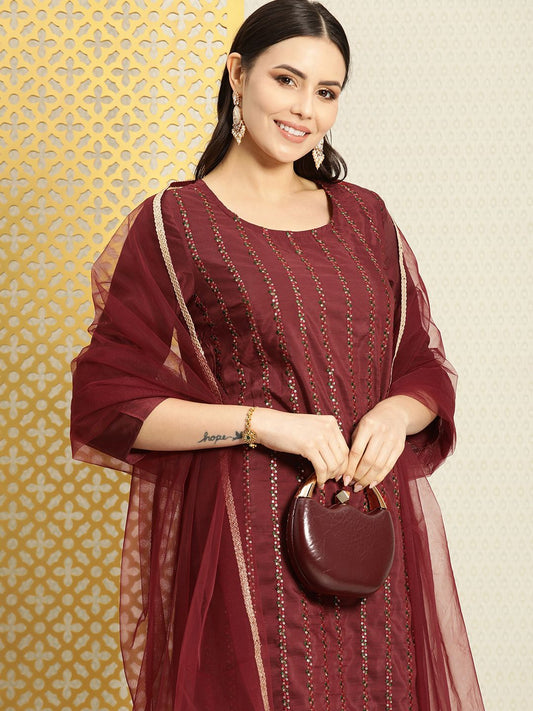 Dhiyona PD Women Ethnic Motifs Embroidered Jashn Sequinned Kurta with Trousers & Dupatta