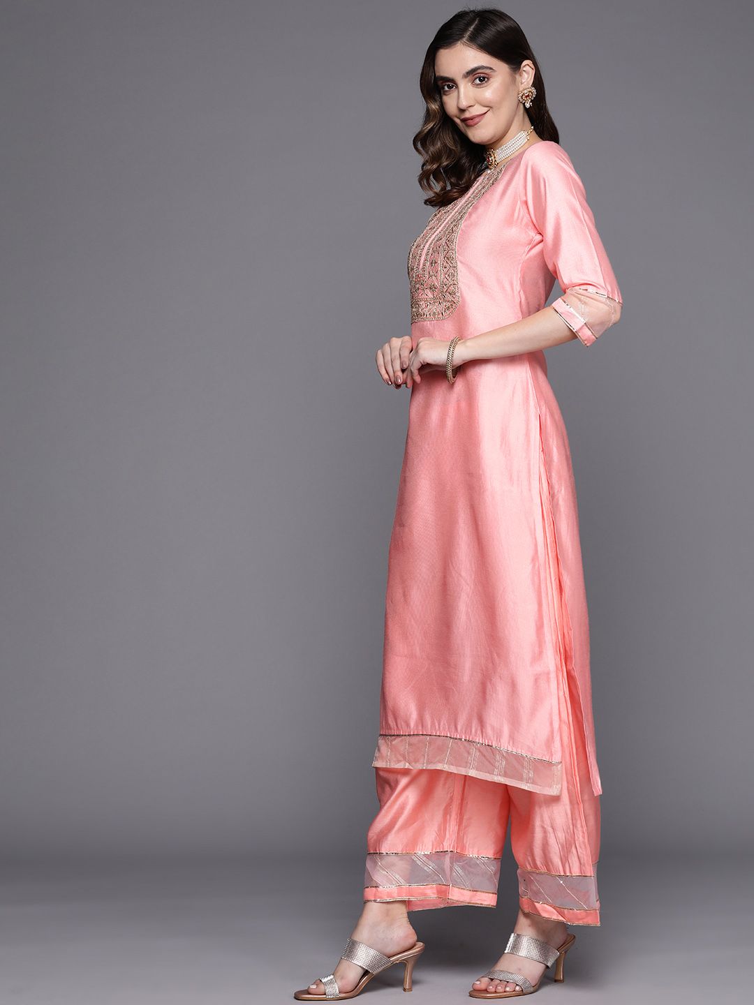 Women Ethnic Motifs Embroidered Sequinned Liva Kurta With Palazzos & With Dupatta