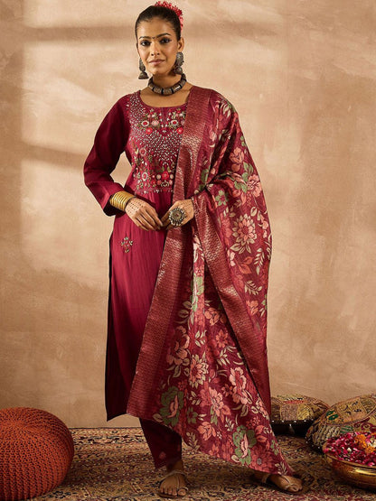 Dhiyona IE Women Floral Embroidered Regular Thread Work Kurta with Trousers & With Dupatta