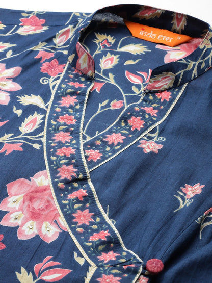 Dhiyona IE Floral Printed Angrakha Pure Cotton Kurta with Trousers & Dupatta