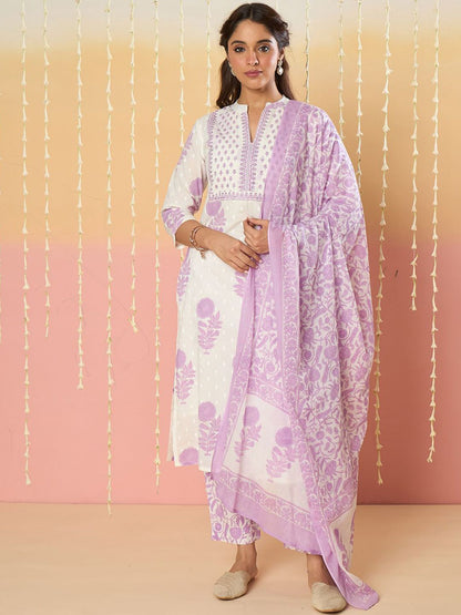 Women Floral Printed Pure Cotton Kurta with Trousers & With Dupatta