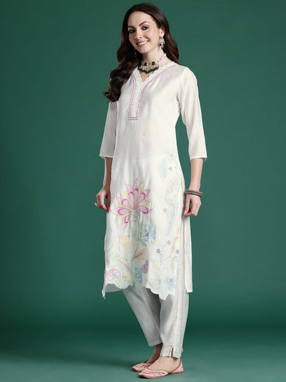 Floral Embroidered Thread Work Kurta with Trousers & With Dupatta