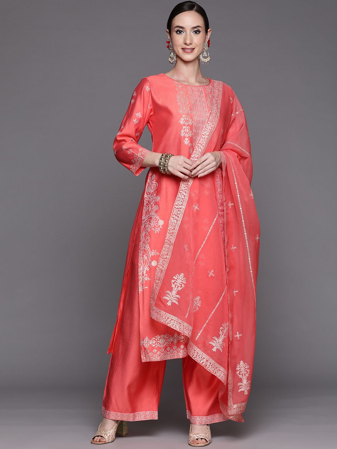 Dhiyona IE Women Pink Ethnic Motifs Printed Liva Kurta with Palazzos & With Dupatta