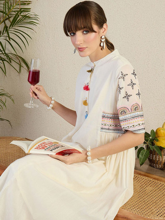 Dhiyona IE Women Ethnic Motifs Embroidered Sequinned Pure Cotton A-Line Kurta with Trousers