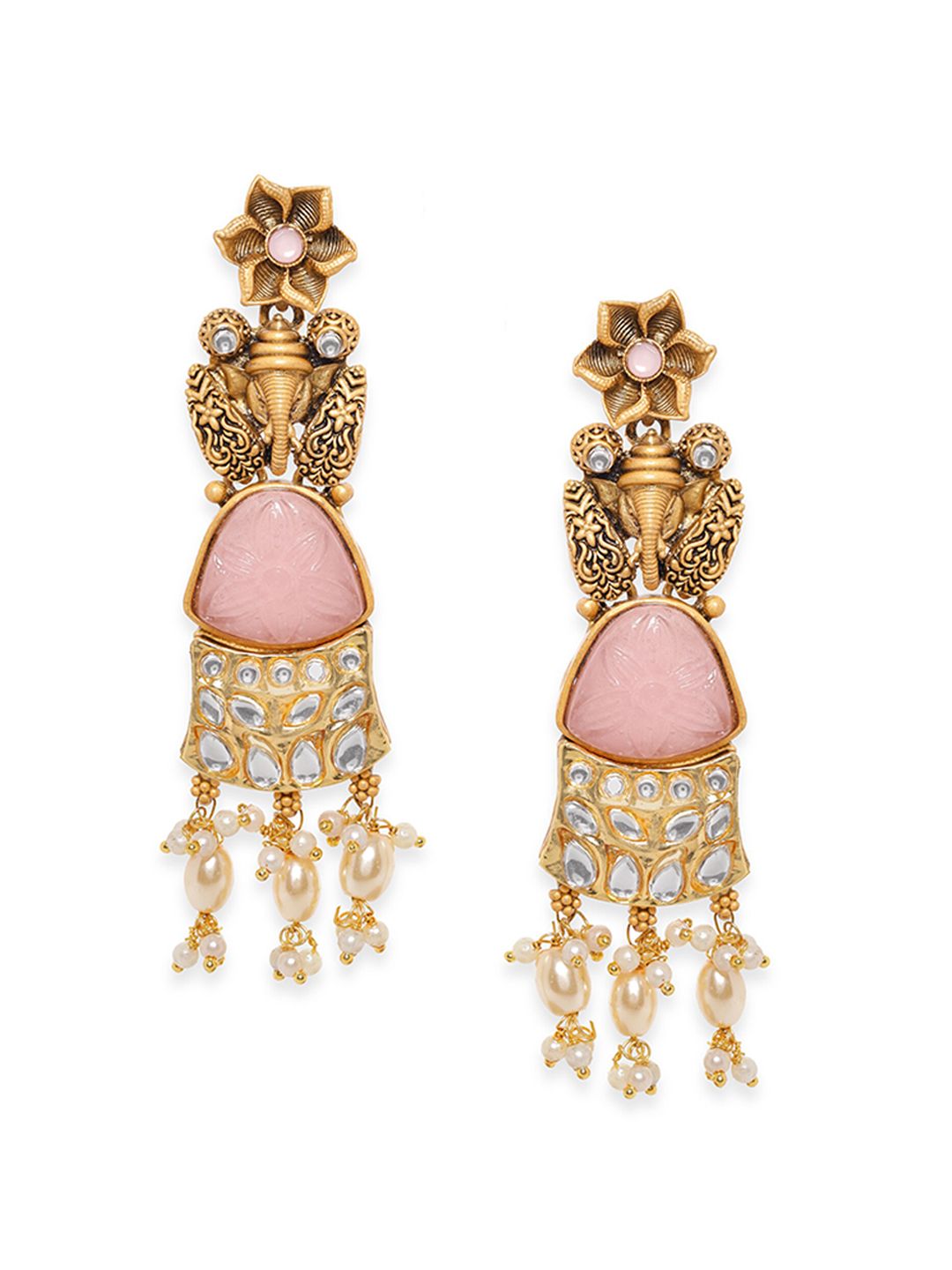 Dhiyona RJ Women's 18K Gold-Plated Pastel Pink Gemstone & Kundan Studded Ganesh Motif Drop Earrings