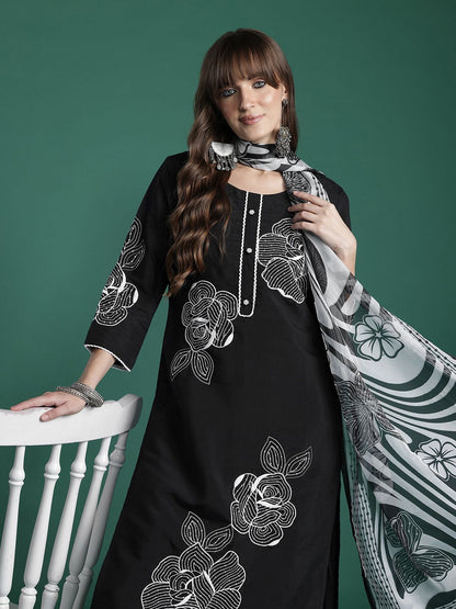 Dhiyona IE Floral Embroidered Pure Cotton Kurta with Trousers & Dupatta