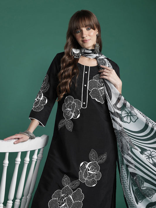 Dhiyona IE Floral Embroidered Pure Cotton Kurta with Trousers & Dupatta