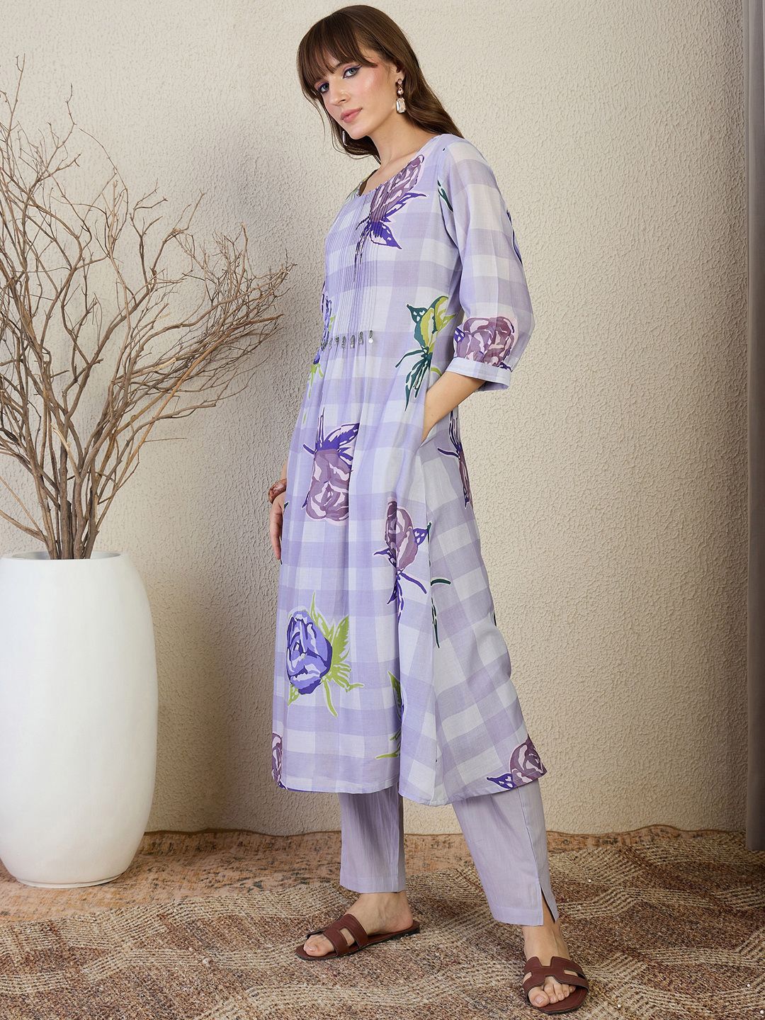 Dhiyona IE Floral Printed Pure Cotton A-Line Kurta With Trouser