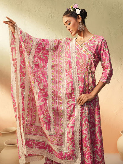 Dhiyona IS Women's Floral Printed V-Neck Angrakha Pure Cotton Anarkali Kurta With Trousers & Dupatta