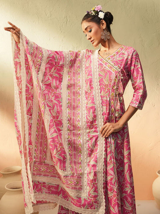 Dhiyona IS Women's Floral Printed V-Neck Angrakha Pure Cotton Anarkali Kurta With Trousers & Dupatta