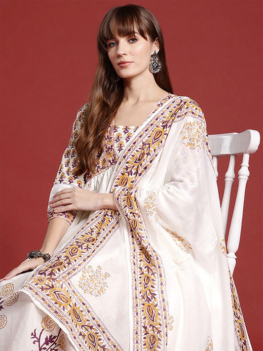 Dhiyona IE Ethnic Motifs Printed Empire Mirror Work Pure Cotton Kurta Set