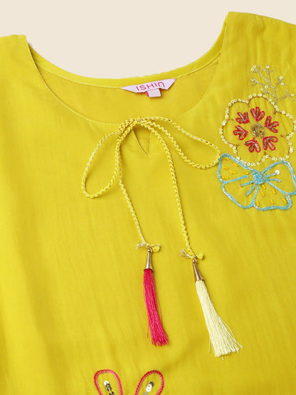 Dhiyona IS Women's Women Yellow & Pink Floral Embroidered Sequinned Kurta With Trousers & Dupatta