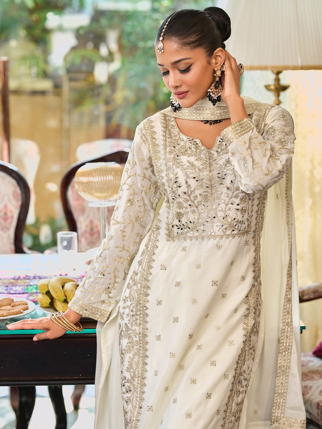 Dhiyona IE Floral Embroidered Notch Neck Mirror Work Straight Kurta With Palazzos & Dupatta