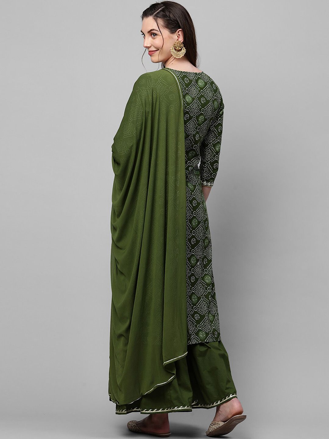 Women Green Bandhani Printed Regular Thread Work Kurta with Sharara & With Dupatta