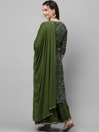Women Green Bandhani Printed Regular Thread Work Kurta with Sharara & With Dupatta
