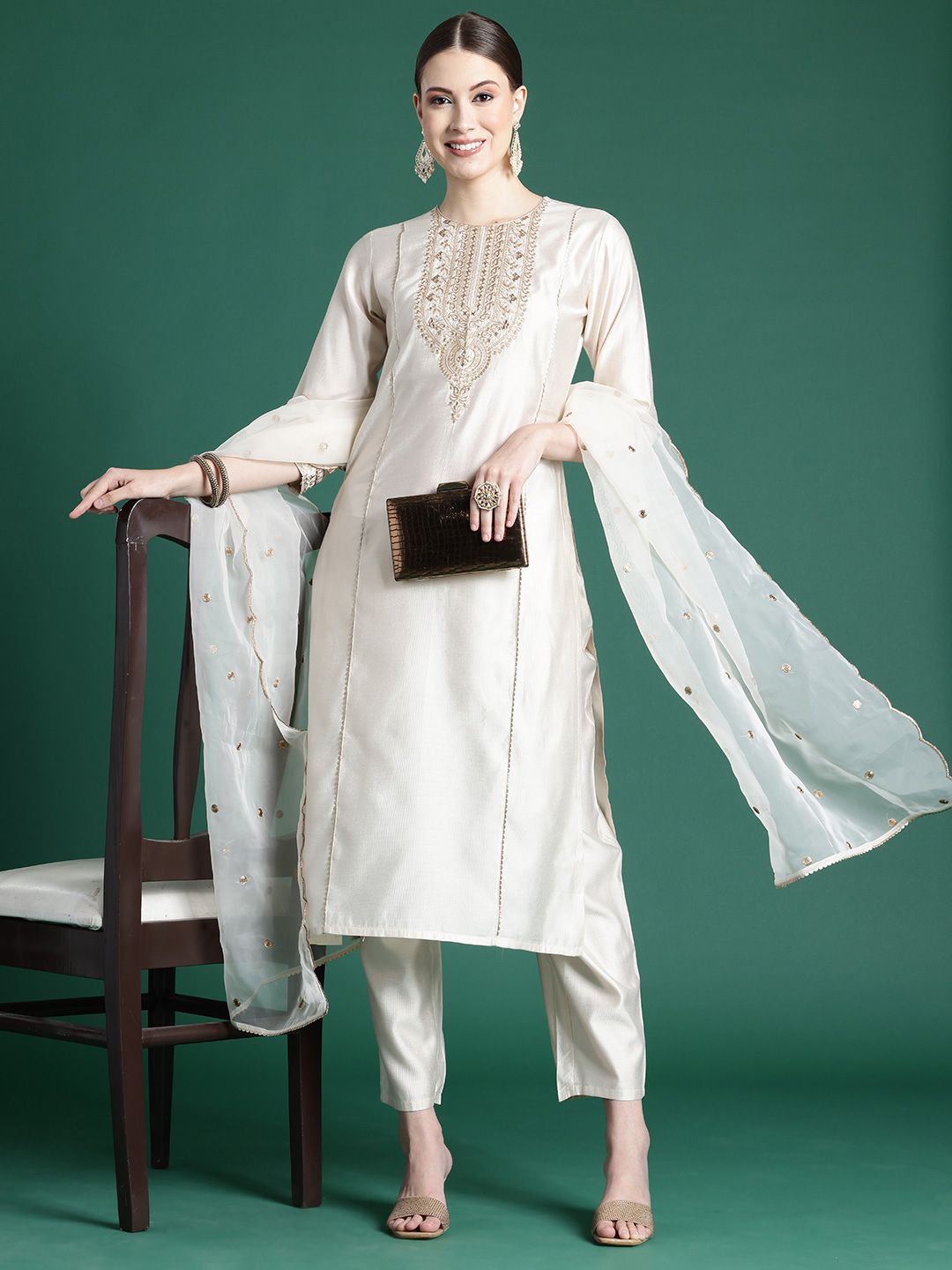 Ethnic Motifs Embroidered Panelled Liva Kurta With Trousers & Dupatta