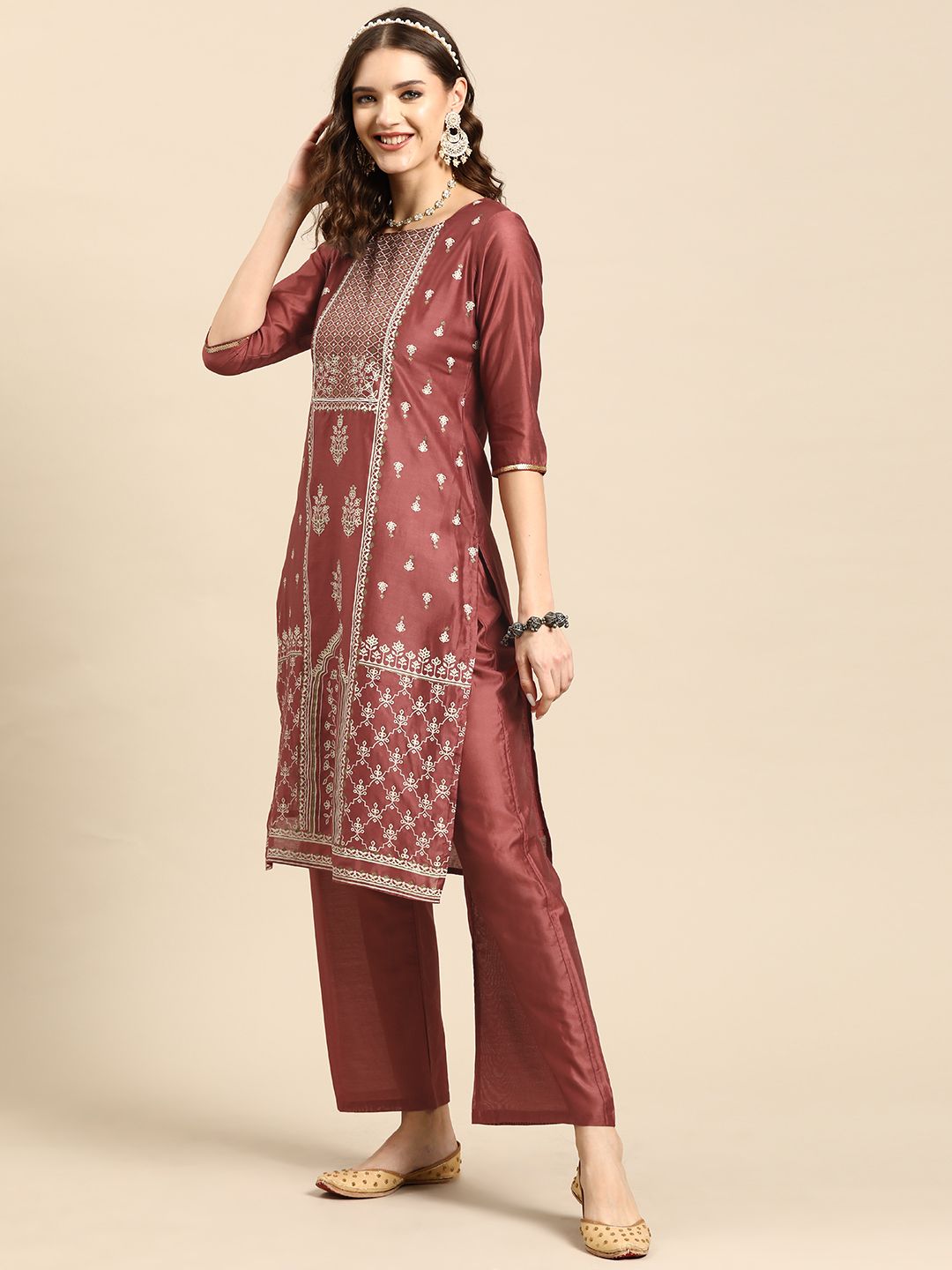 Dhiyona SN Women's Ethnic Motifs Printed Sequinned Chanderi Cotton Kurta with Palazzos & Dupatta