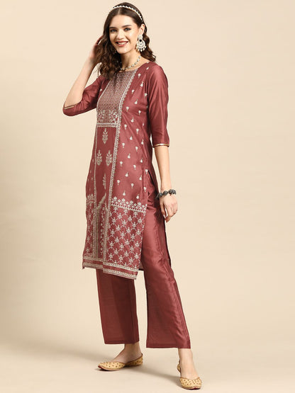 Dhiyona SN Women's Ethnic Motifs Printed Sequinned Chanderi Cotton Kurta with Palazzos & Dupatta