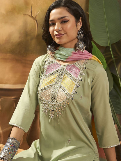 Dhiyona SN Women's Floral Embroidered Straight Kurta With Trouser & Dupatta