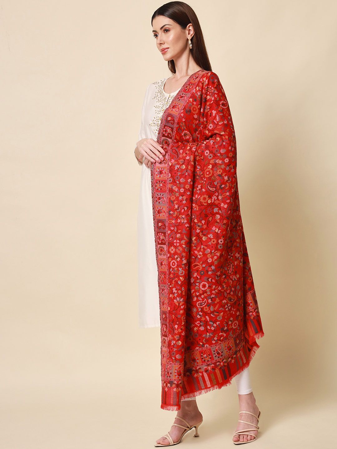 Dhiyona PA Women Red & Grey Woven-Design Kaani Shawl