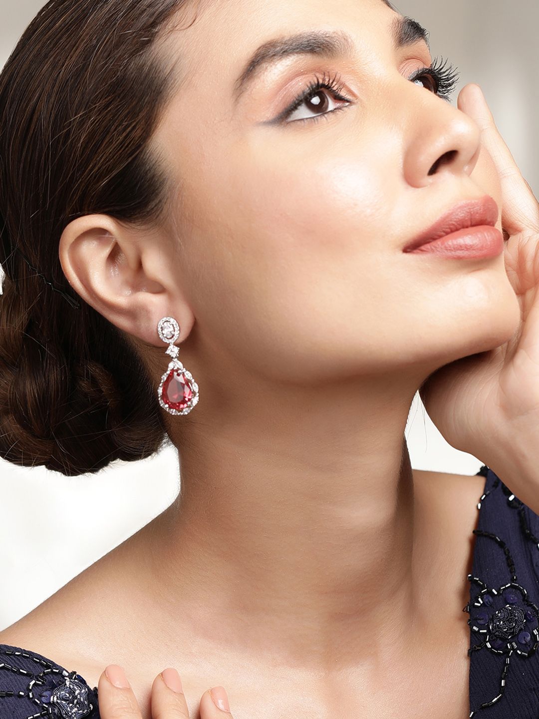 Dhiyona RJ Women's Rhodium Plated Ruby Studded Zirconia Teardrop Earring