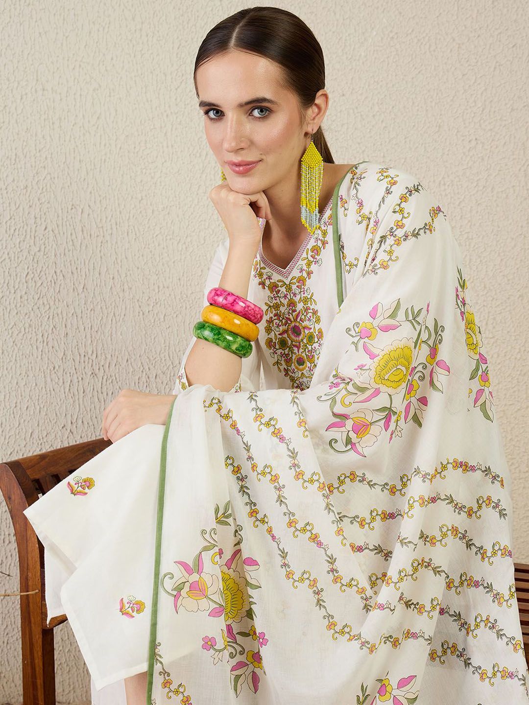 Floral Printed V-Neck Pure Cotton Straight Kurta With Trouser & Dupatta