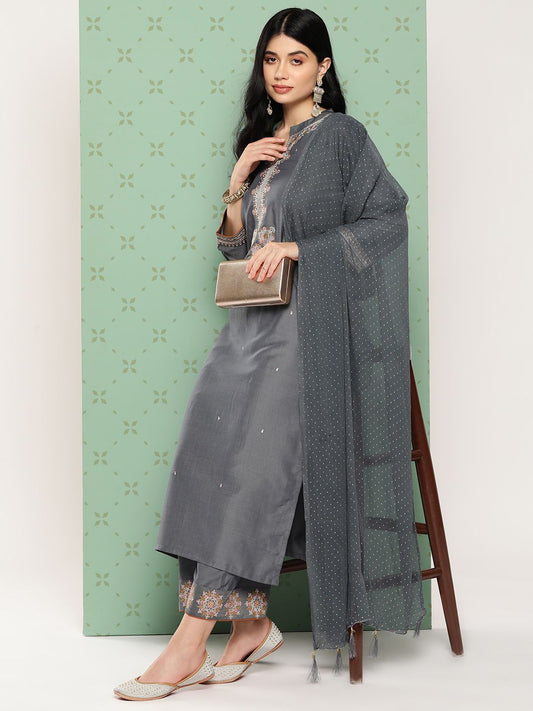 Dhiyona VA Women's Ethnic Motifs Yoke Design Regular Thread Work Kurta with Trousers & Dupatta