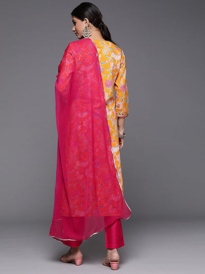 Dhiyona VA Women's Mustard Yellow Ethnic Motifs Printed Kurta with Trousers & Dupatta