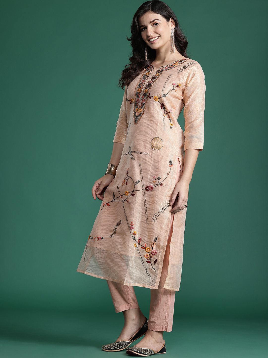 Dhiyona IE Floral Embroidered Thread Work Pure Cotton Kurta with Trousers & With Dupatta