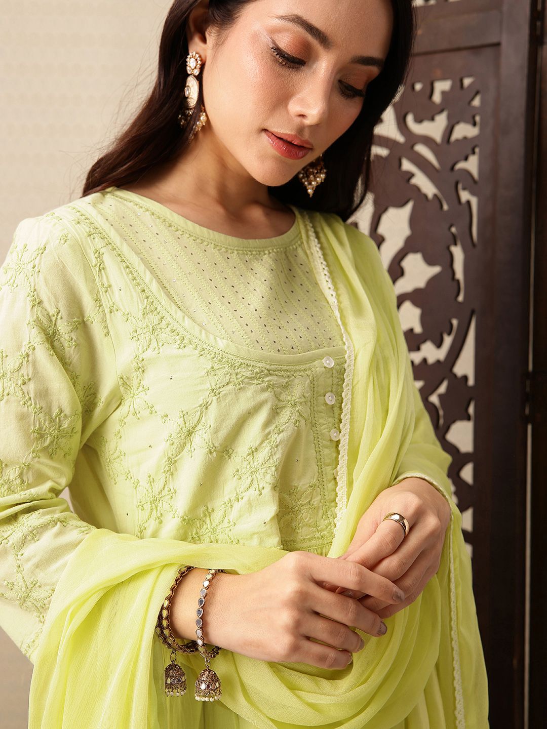 Dhiyona PD Women Floral Embroidered Pure Cotton Jashn A-Line Kurta with Trousers & Dupatta