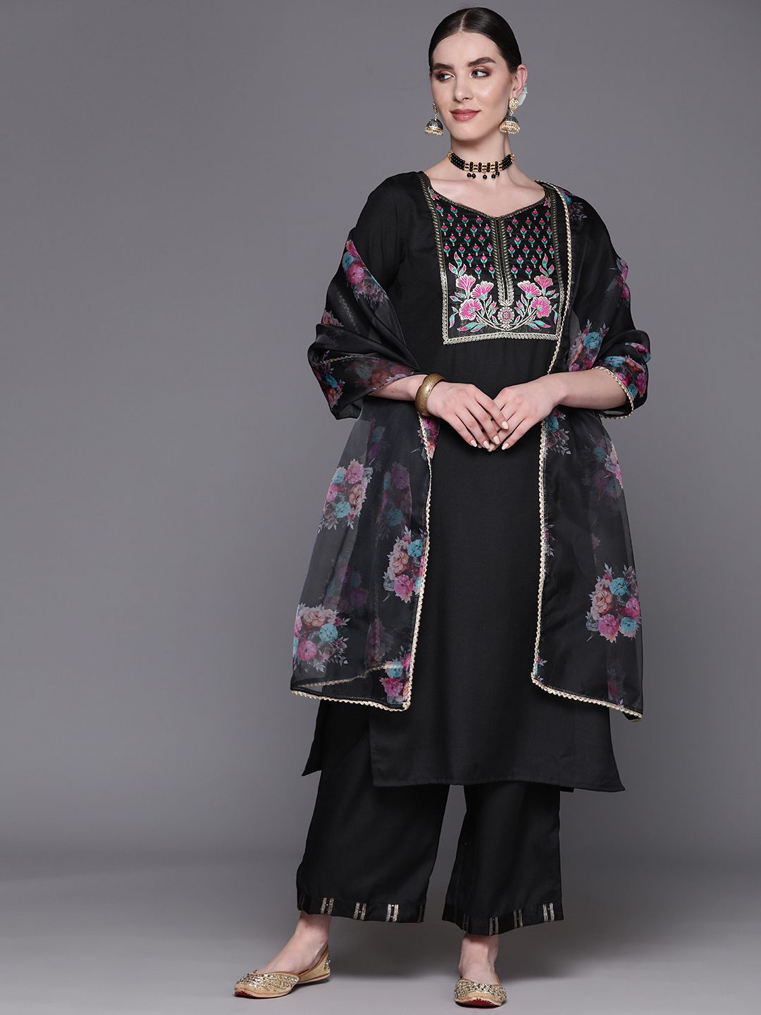 Women Yoke Design Regular Pure Cotton Kurta with Palazzos & With Dupatta