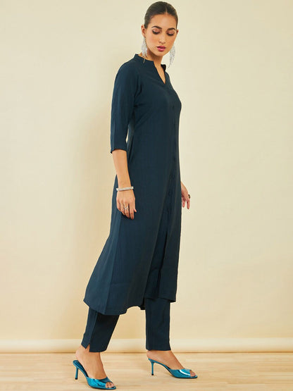 Dhiyona SO Women's Navy Blue Regular A-Line Kurta With Trousers