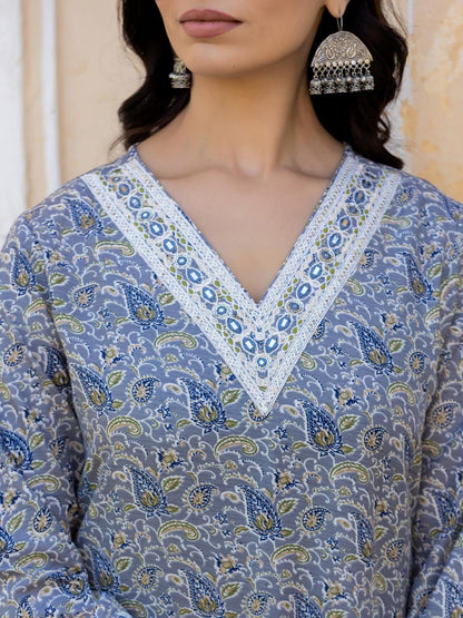 Dhiyona VA Women'sPaisley Printed Regular Thread Work Kurta with Trousers & With Dupatta