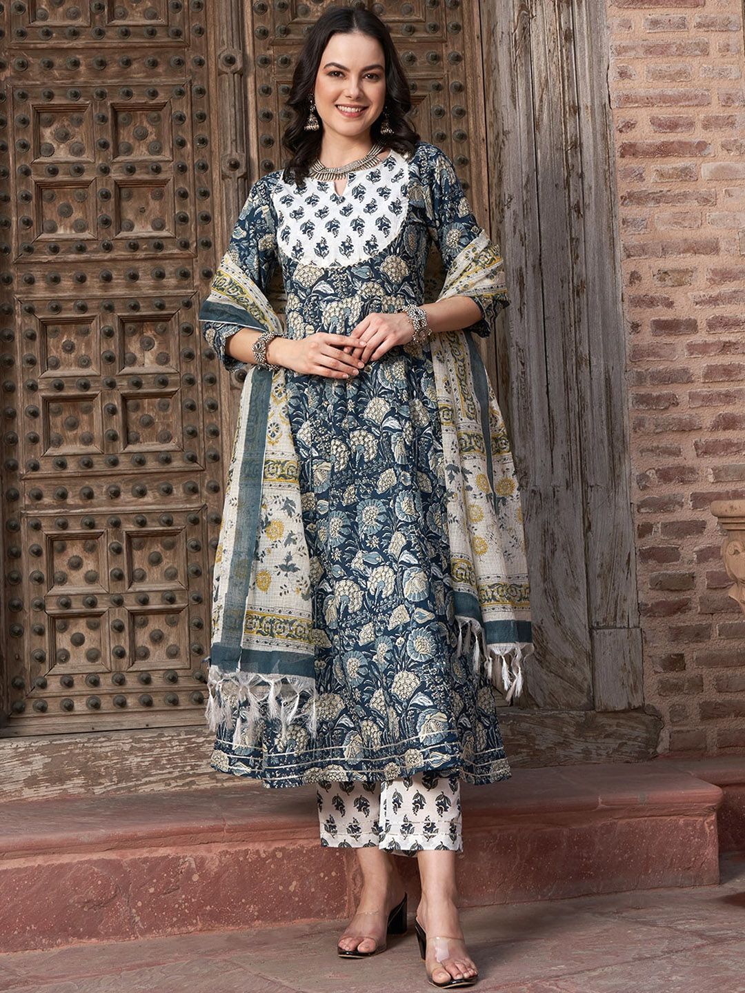 Dhiyona SN Women's Navy Blue Floral Printed Pure Cotton Anarkali Kurta With Trouser & Dupatta