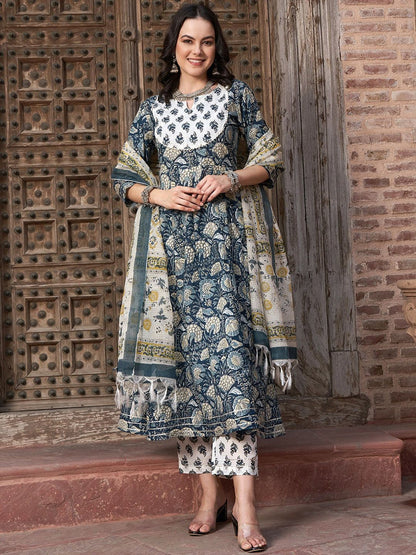 Dhiyona SN Women's Navy Blue Floral Printed Pure Cotton Anarkali Kurta With Trouser & Dupatta