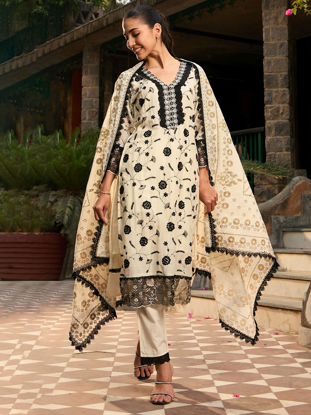 V Neck Floral Embroidered Thread Work Pure Cotton Kurta with Trouser & Dupatta