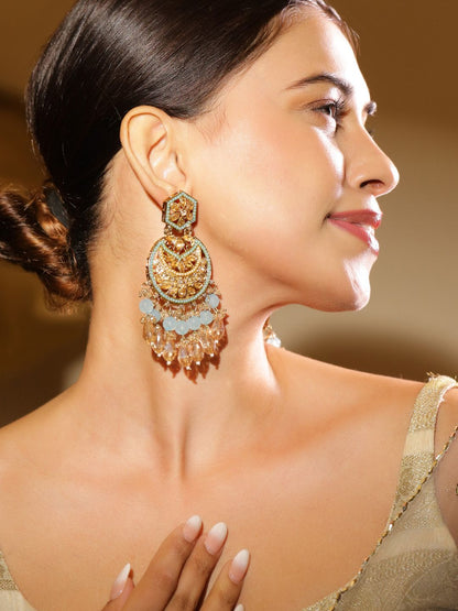 Dhiyona RJ Women's 18K Gold-Plated Kundan Chandbali Earrings with Sky Blue Stones & Beaded Danglers