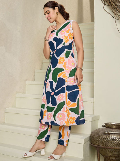 Dhiyona IE Floral Printed V-Neck Sleeveless Pure Cotton A-Line Kurta With Trousers