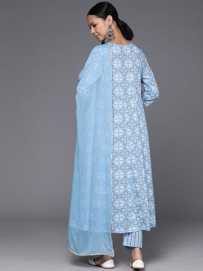 Dhiyona VA Women'sPrinted Empire Mirror Work Pure Cotton Kurta with Trousers & Dupatta